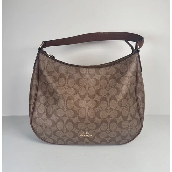 Coach Signature Khaki Canvas Tan Leather Shoulder Zip Hobo Monogram Purse F29209 - Picture 1 of 8